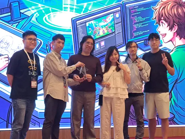 Morris Lee and the team on stage at the Cyberport DELF AI Game Jam 2026 award presentation